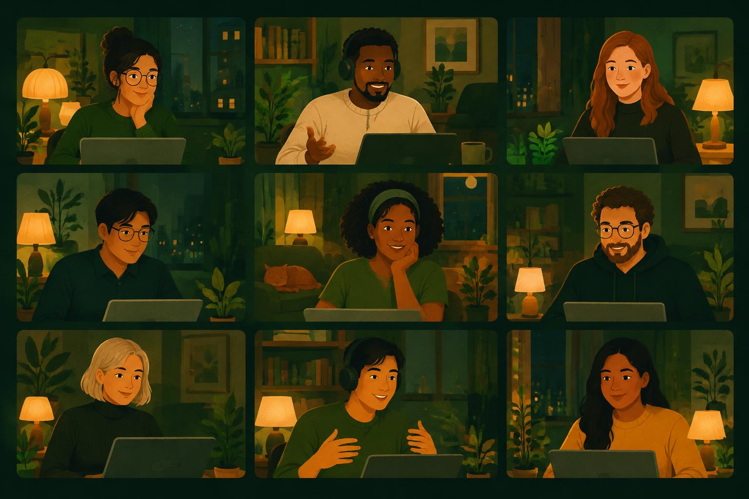A team on video together in a warm virtual office